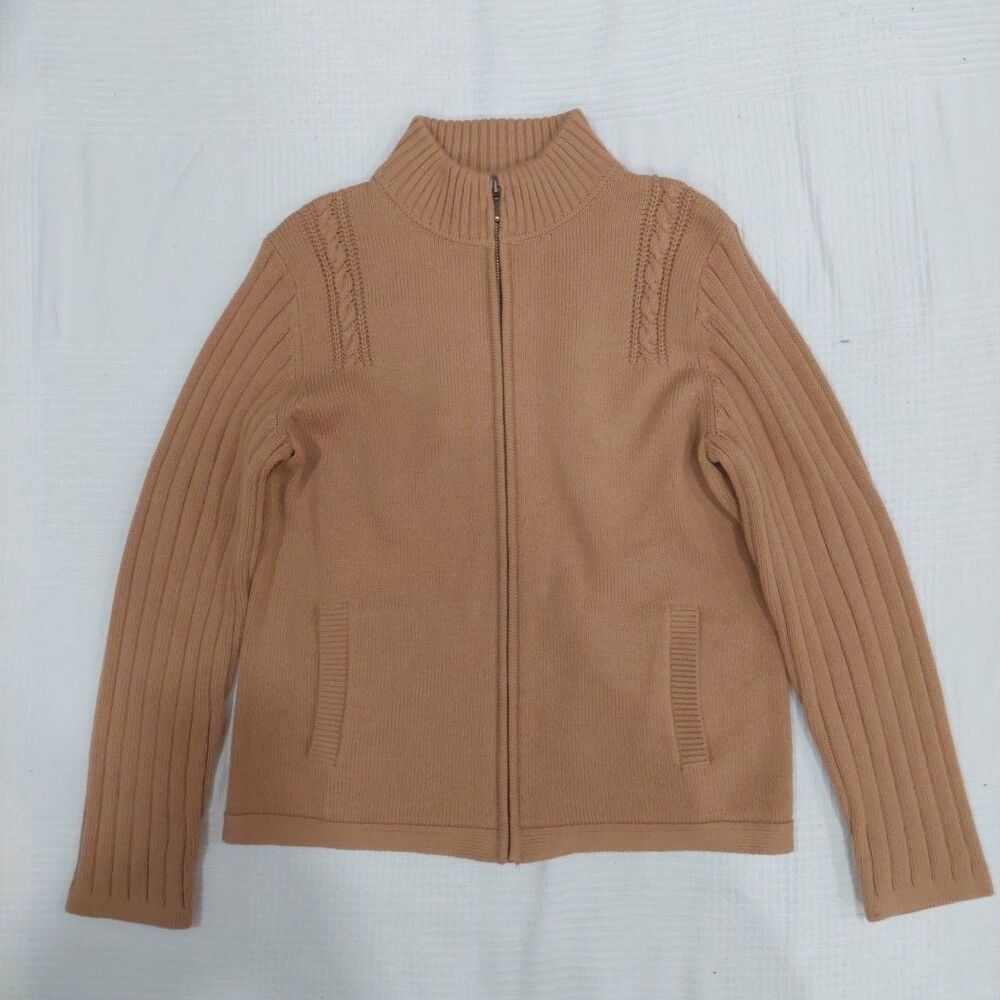 Pendleton Jacket Womens Sz SMALL Tan Knit Full Zip Cotton Blend Pockets